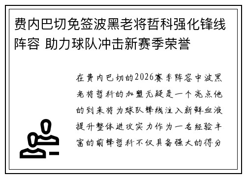 费内巴切免签波黑老将哲科强化锋线阵容 助力球队冲击新赛季荣誉